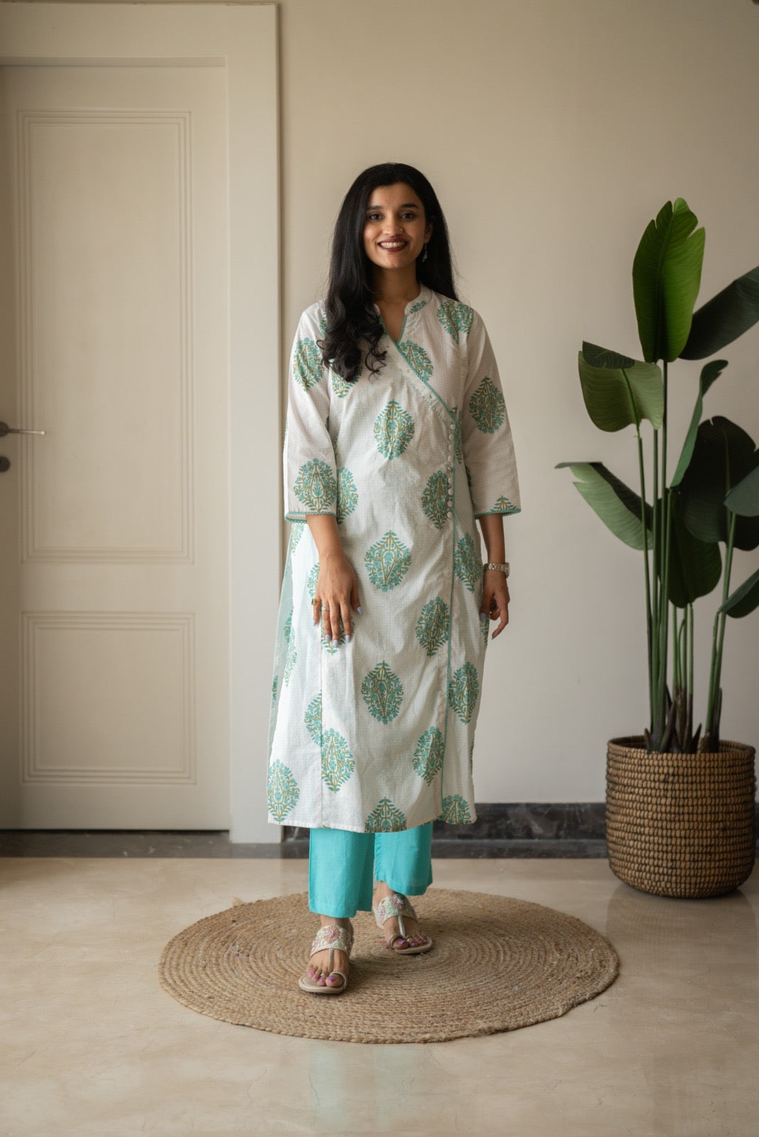 Ruh Angrakha White Boota Set- Green