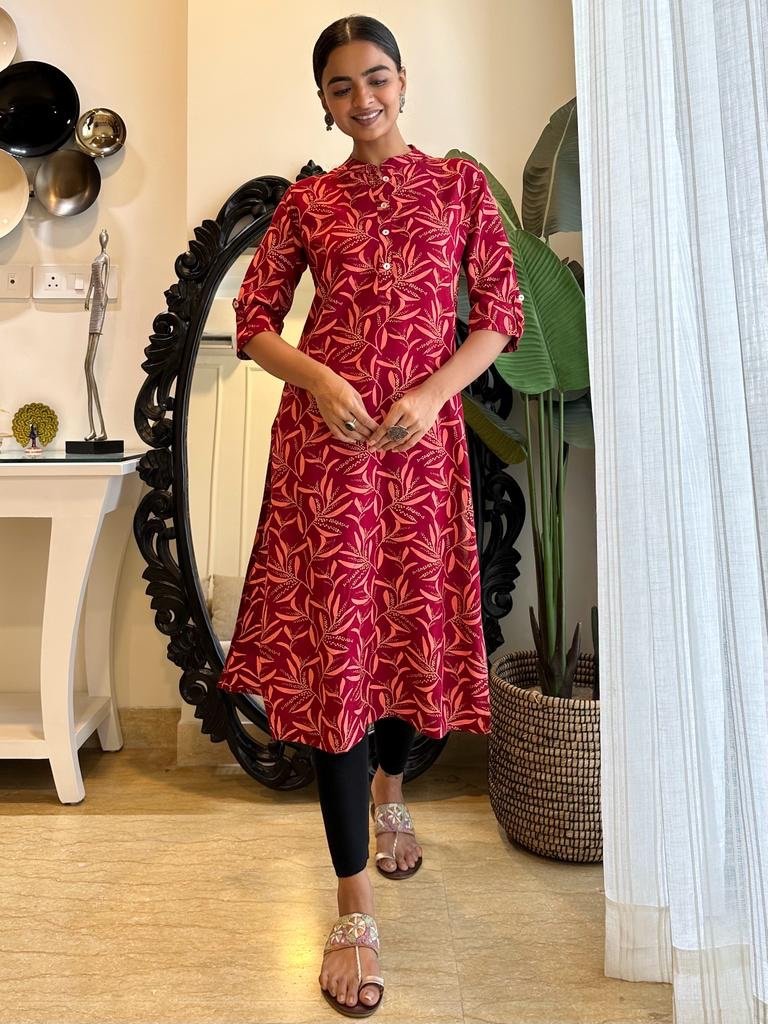 Weekend Rayon Kurta- Red Leaves