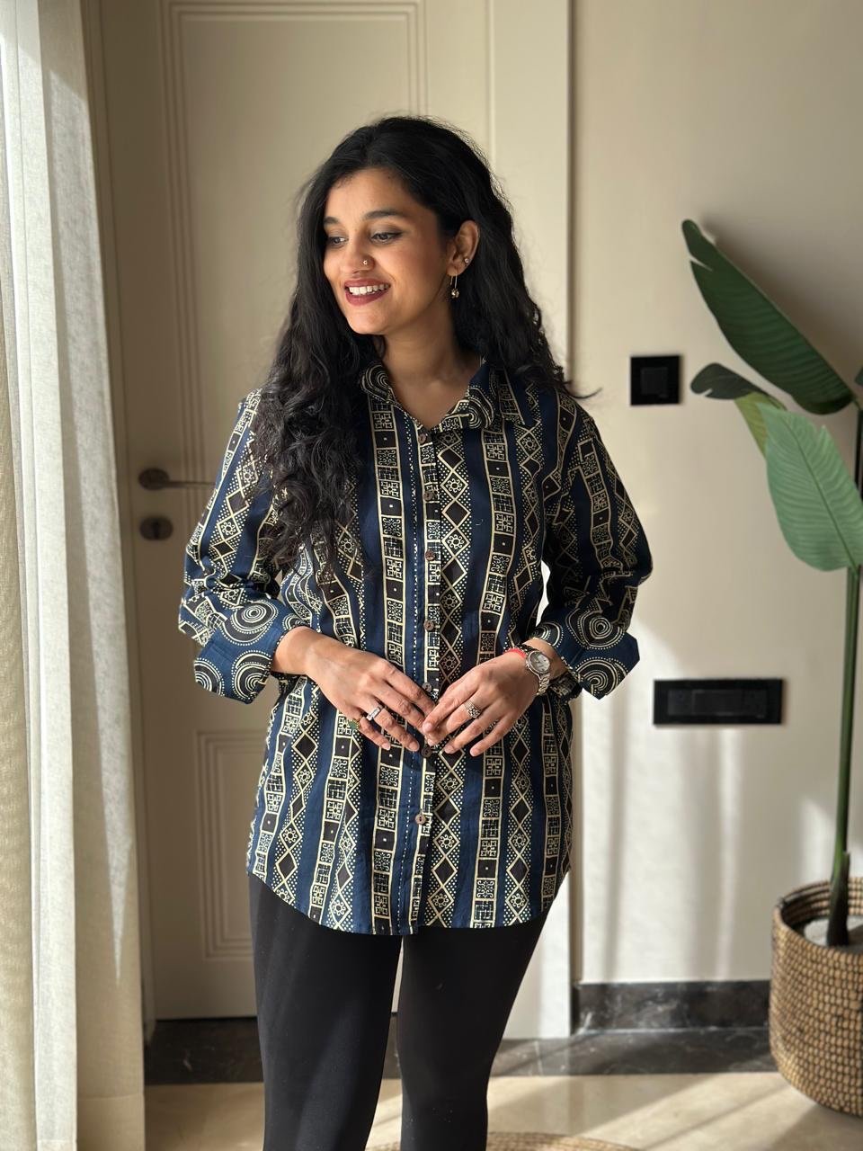 Raima Cotton Shirt- Navy Stripes