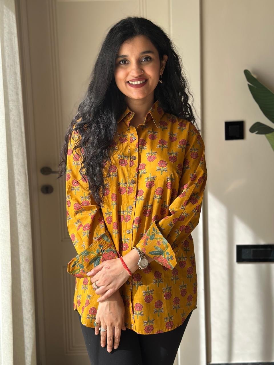 Raima Cotton Shirt- Mustard Booti