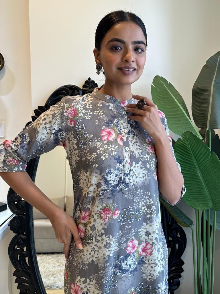 Weekend Rayon Kurta- Grey Floral