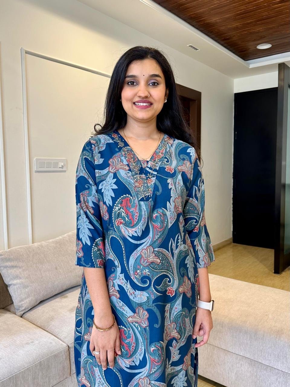 Vara Printed Muslin Silk Kurta- Blue