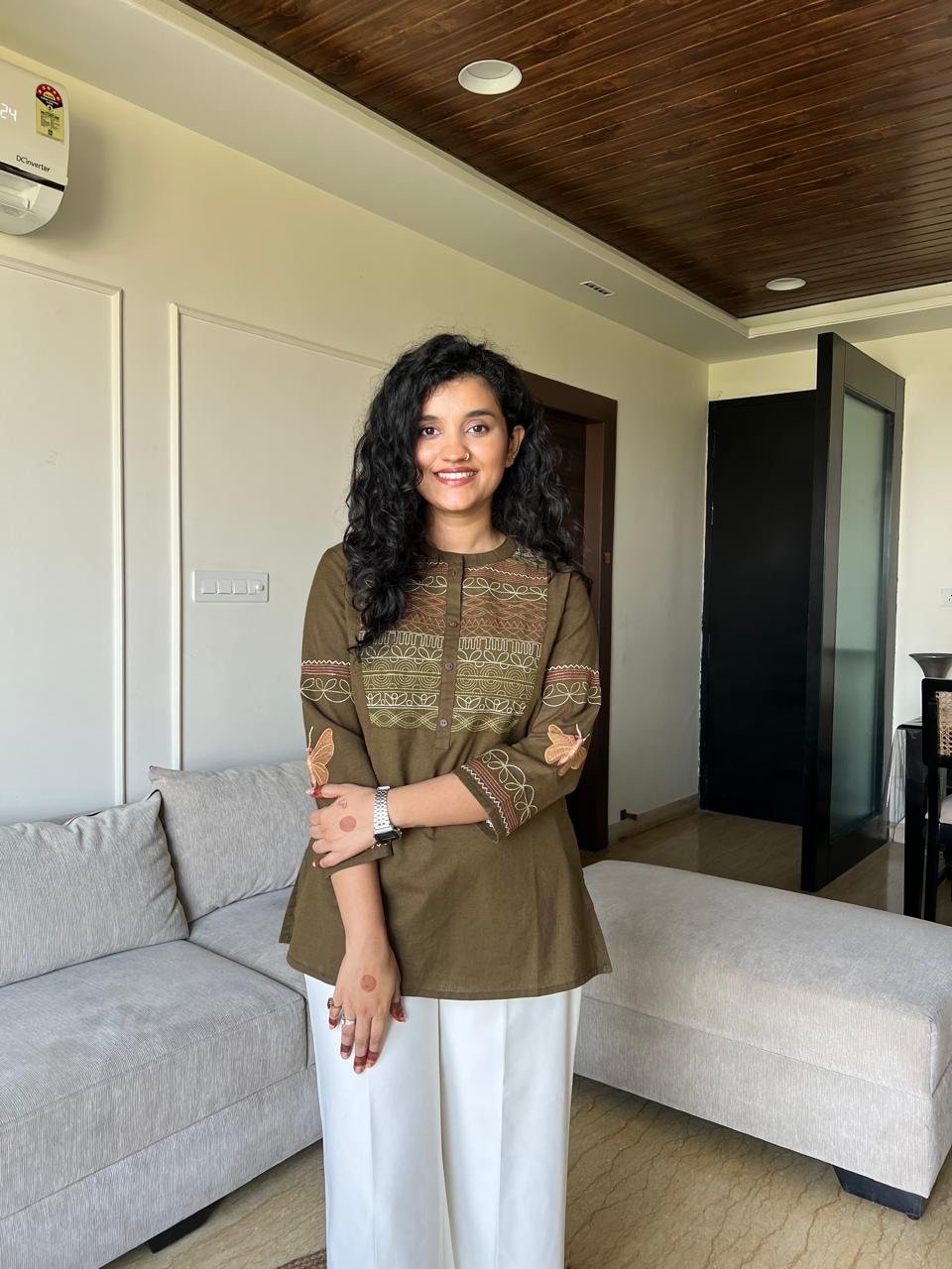 Netra Embroidered Closed Neck Top- Olive