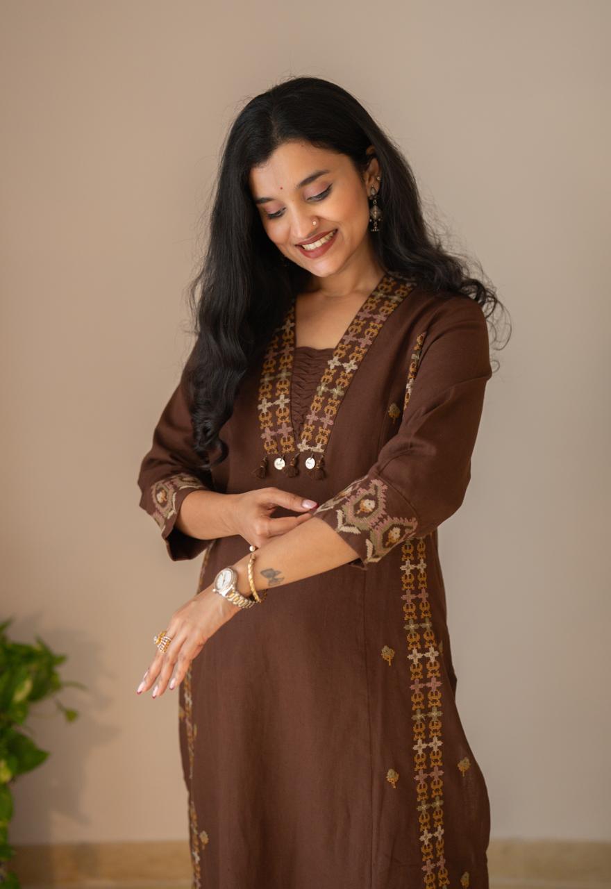 Tamana Embroidered A-line Suit- Brown
