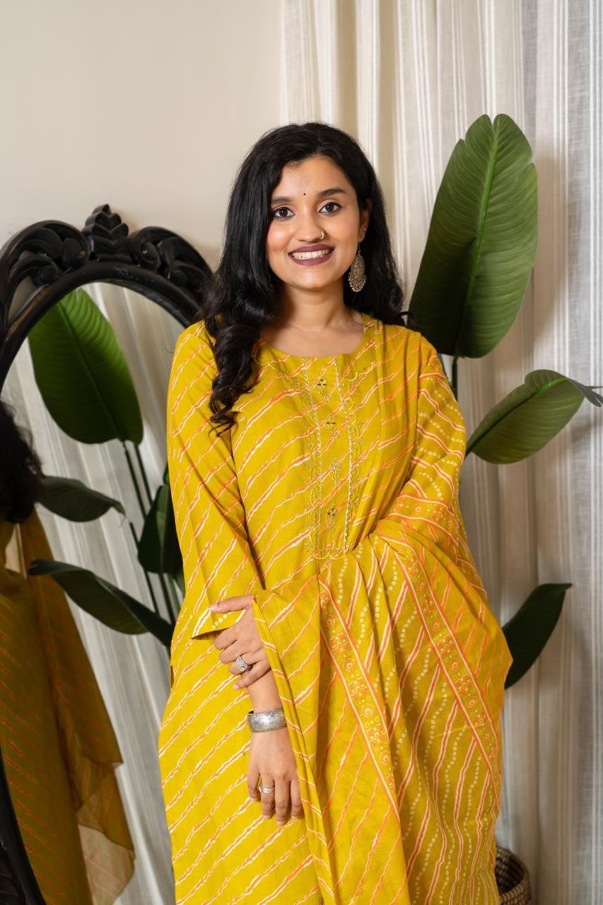 Budget Leheriya Cotton Suit- Yellow Ochre