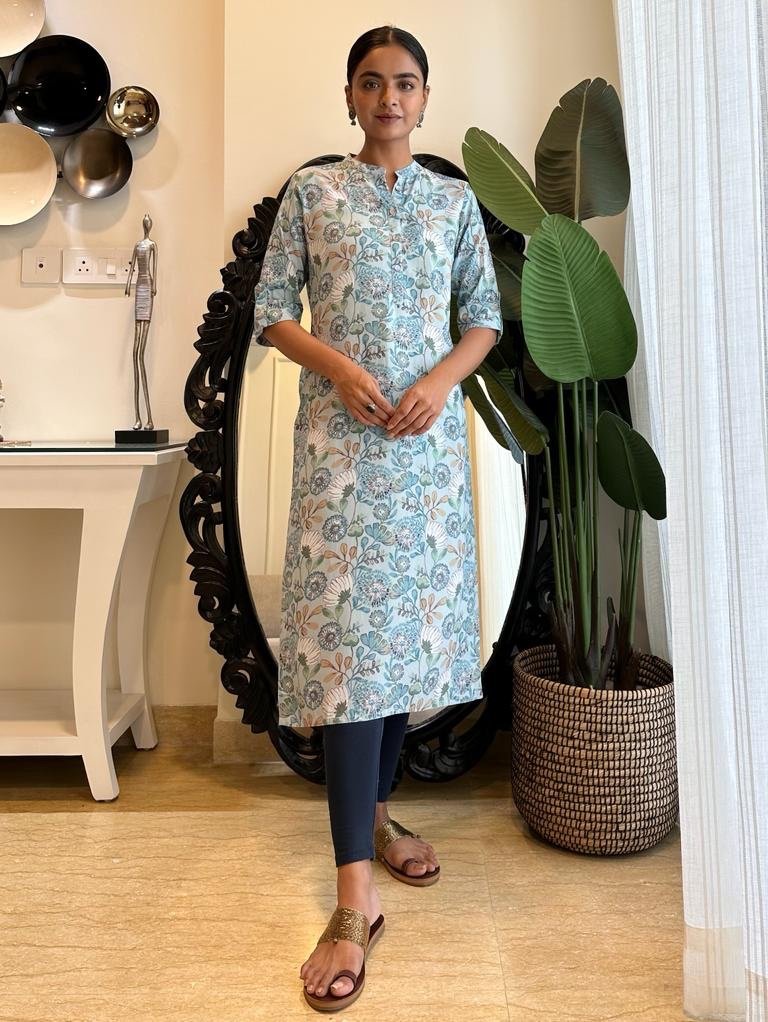 Weekend Rayon Kurta- Sky Blue Floral