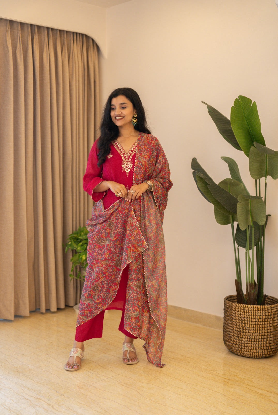 Samia Mul Chanderi Printed Dupatta Set- Dark Pink