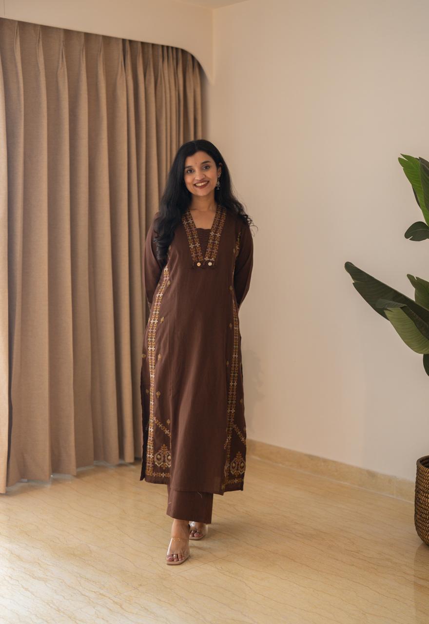 Tamana Embroidered A-line Suit- Brown