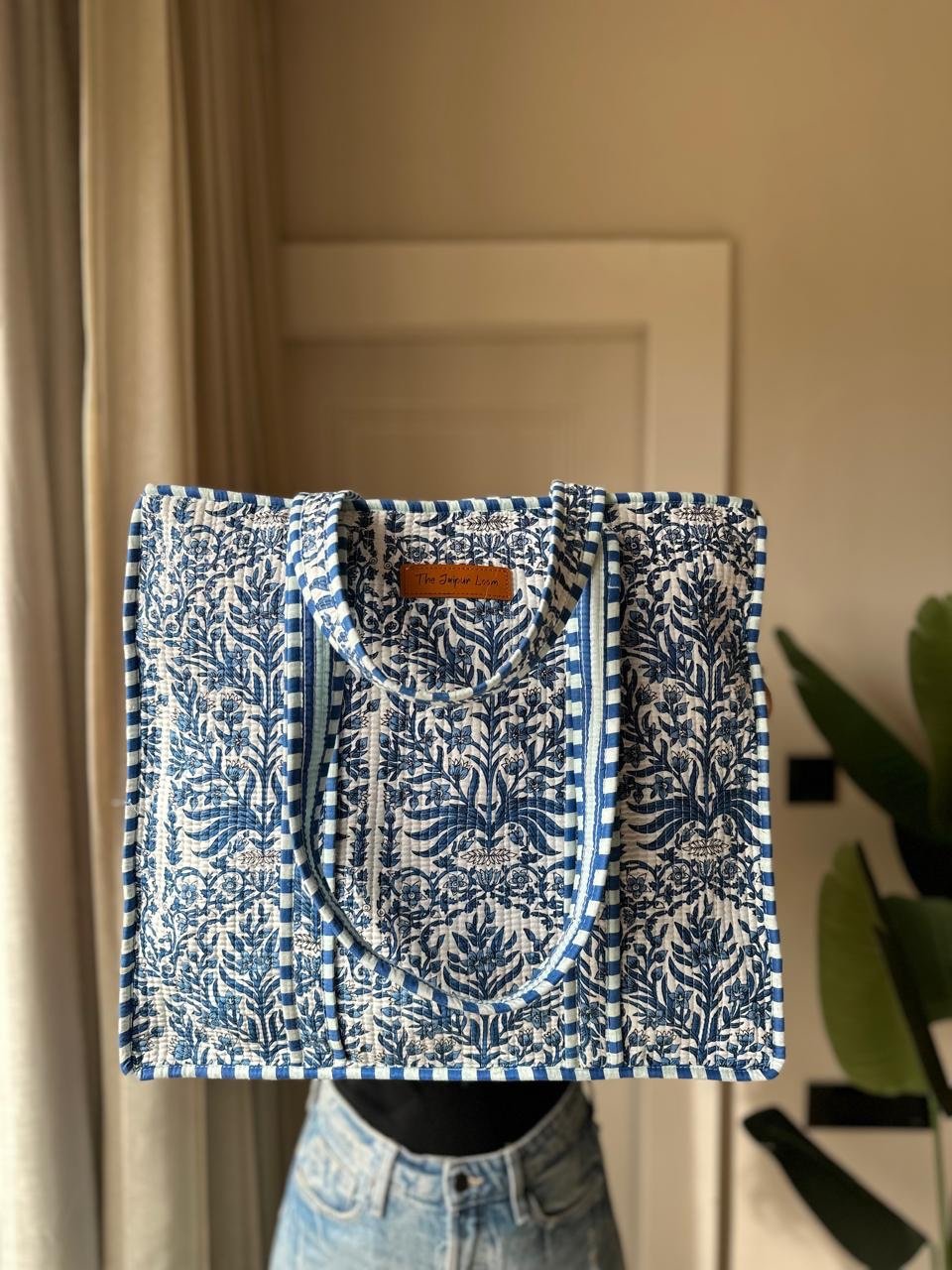 Quilted Tote Bag- Indigo Jaal