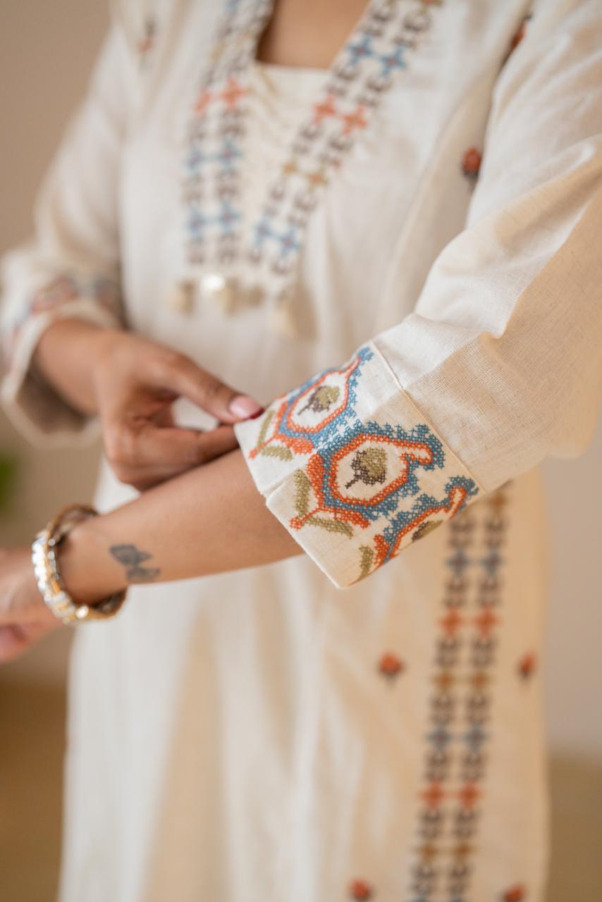 Tamana Embroidered A-line Suit- Off White