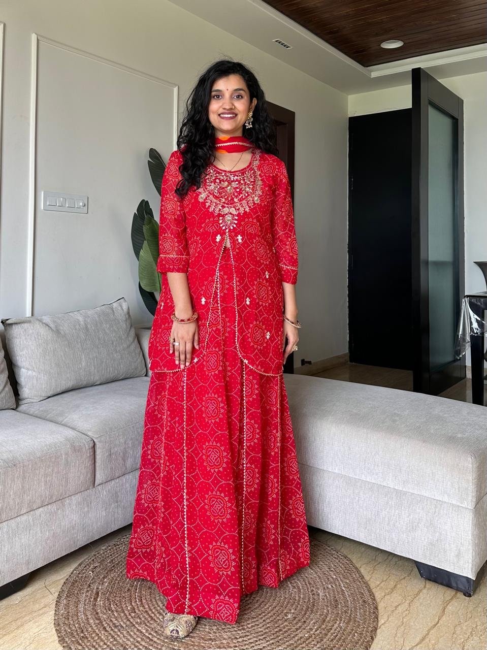 Shyama Red Bandhej Georgette Skirt Set