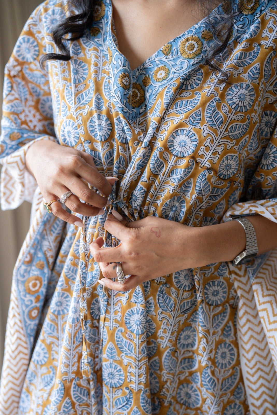 Kashi Block Print Kaftan- Brown Blue Booti