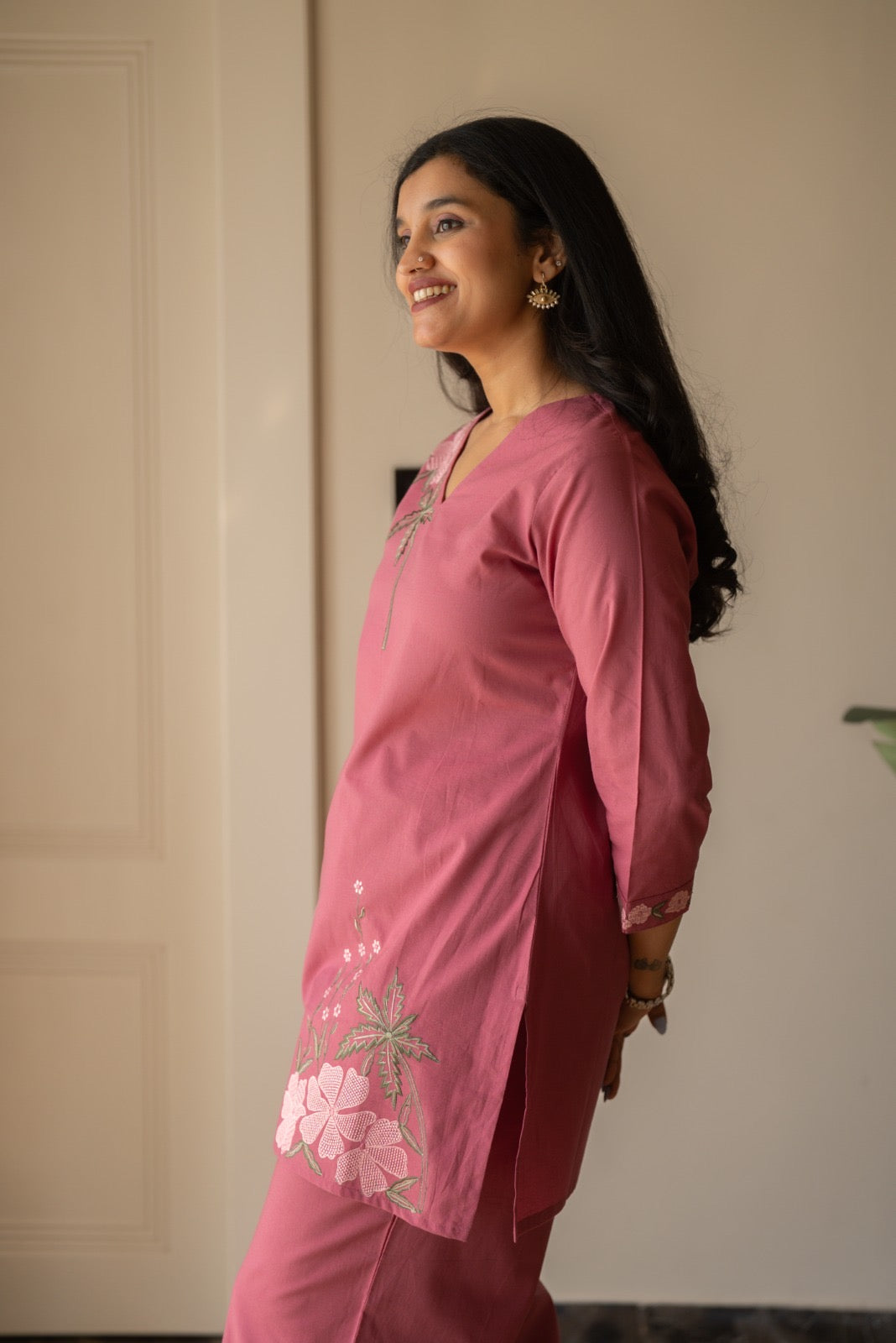 Ginni Embroidered Cotton Coord Set- Pink