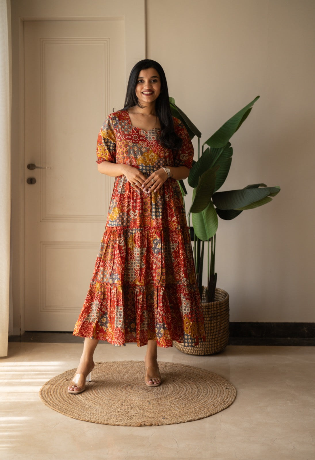 Prisha Tiered Maxi Dress- Red Mix
