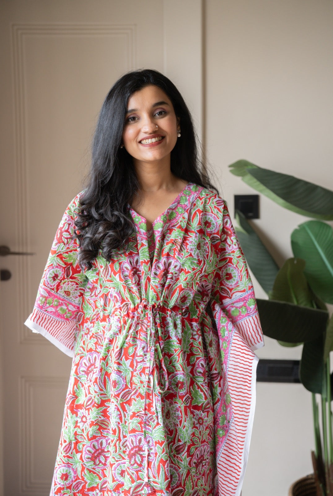 Kashi Block Print Kaftan- Bright Red Jaal