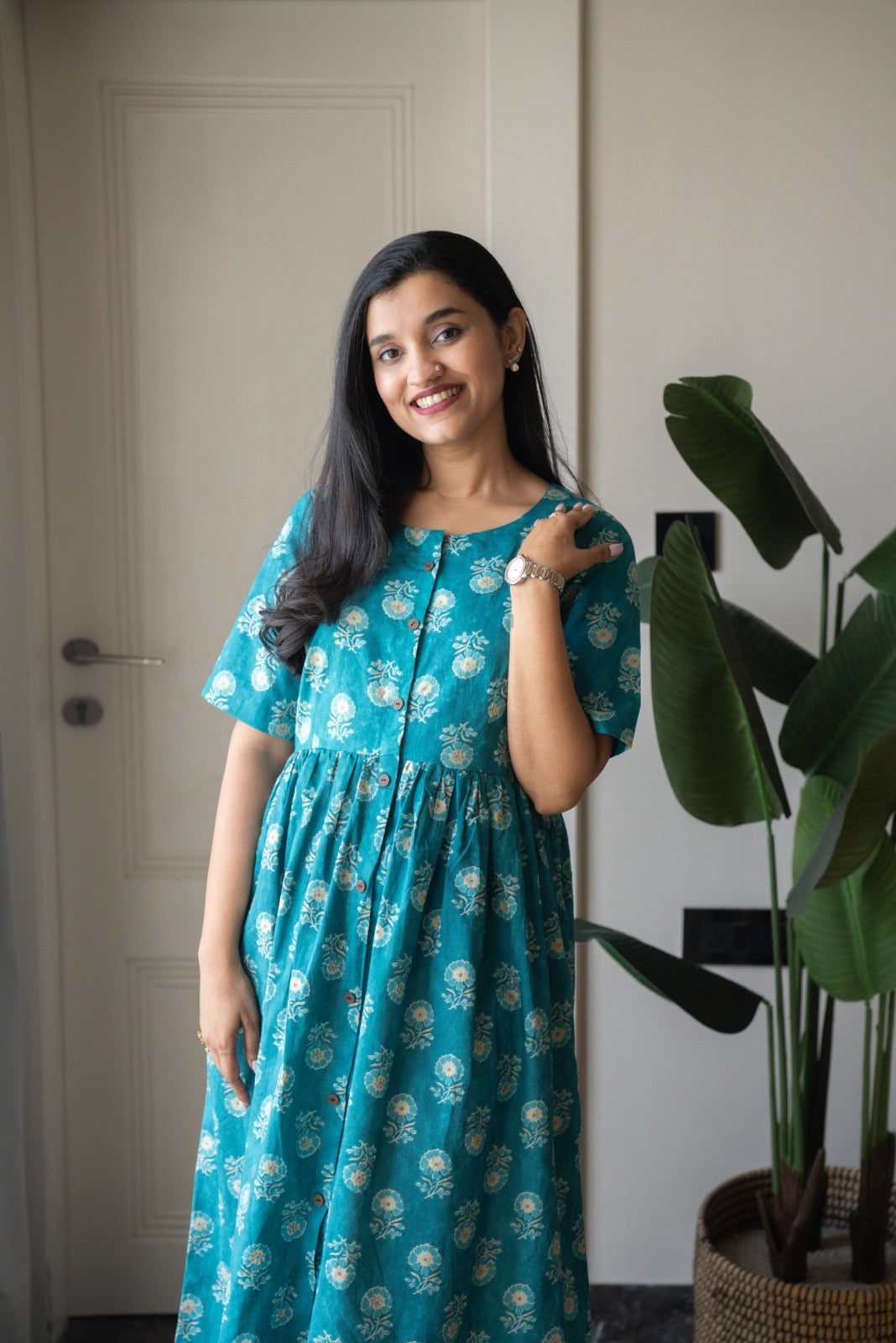 Drishy Maternity Cotton Dress- Blue Booti