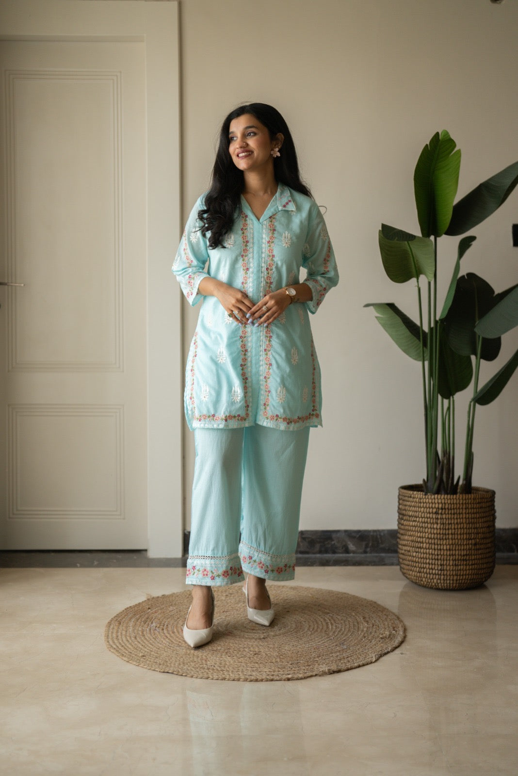 Preet Mulmul Luxe Coord Set- Sky Blue