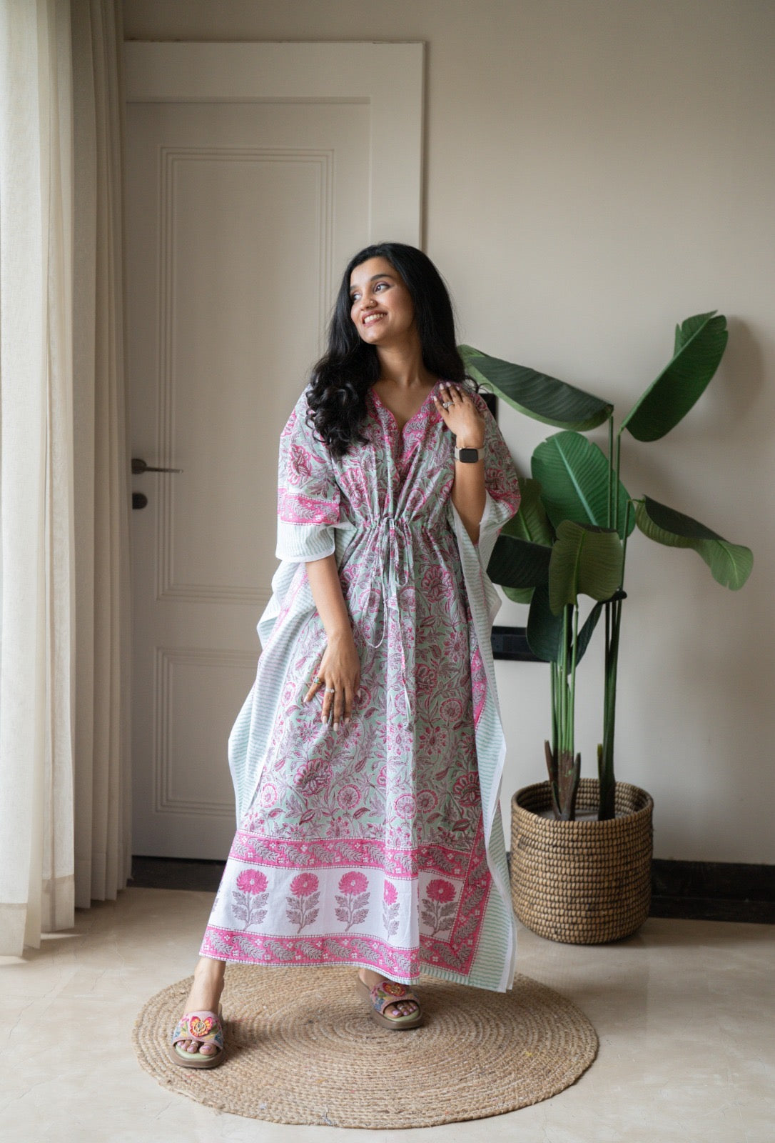 Kashi Block Print Kaftan- Pastel Green Bel