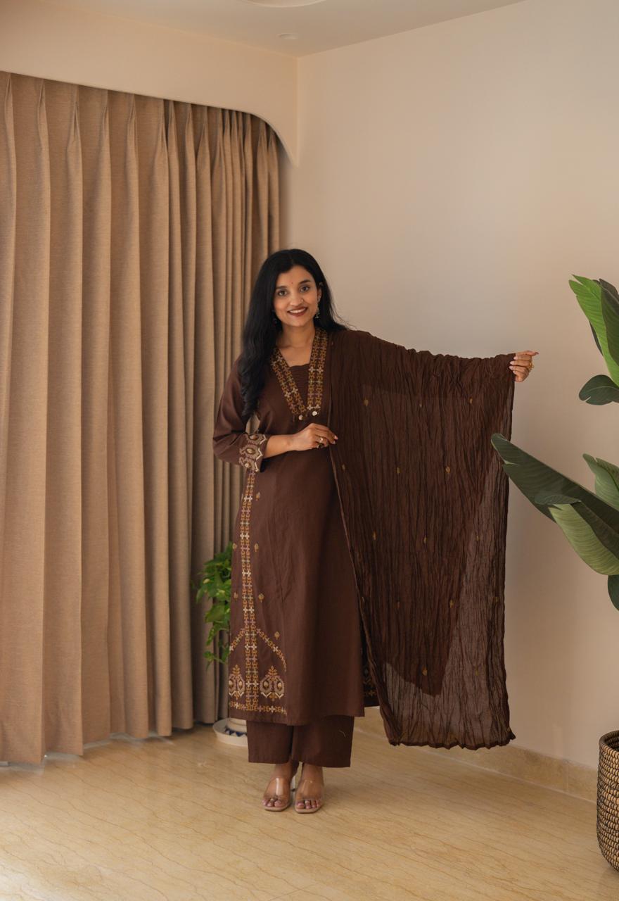 Tamana Embroidered A-line Suit- Brown