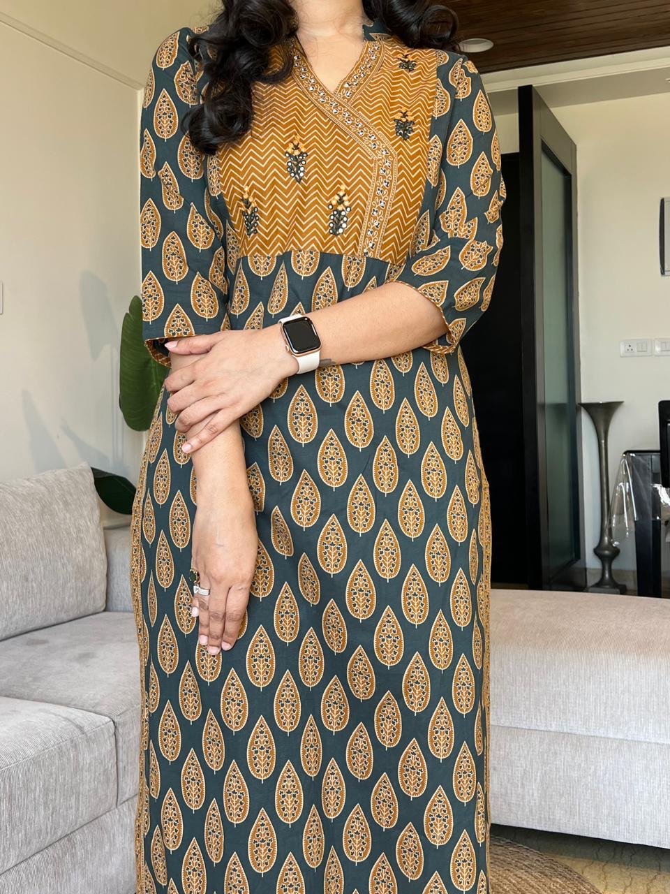Nisha Ajrakh Angrakha Cotton Set- Mustard Green