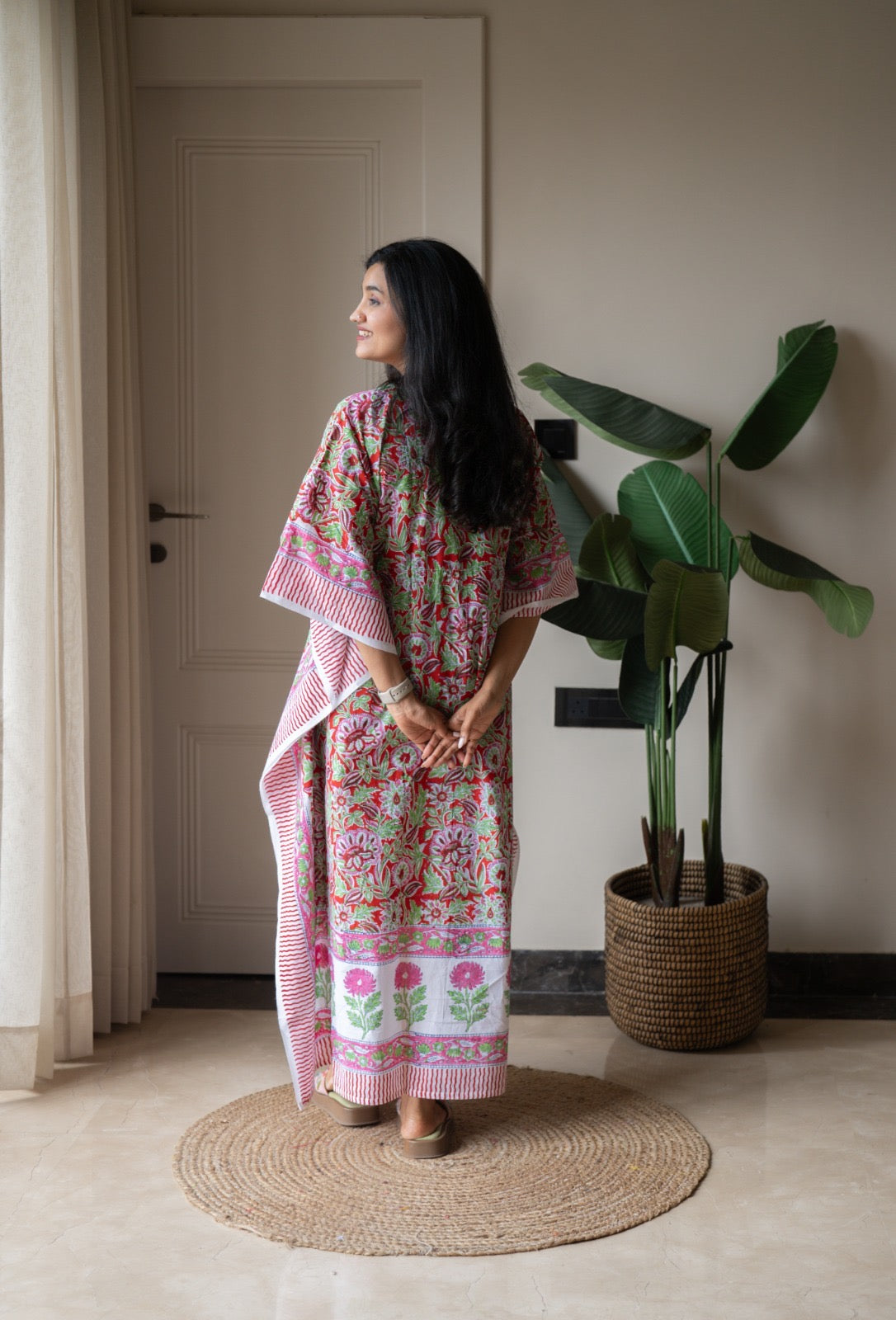 Kashi Block Print Kaftan- Bright Red Jaal