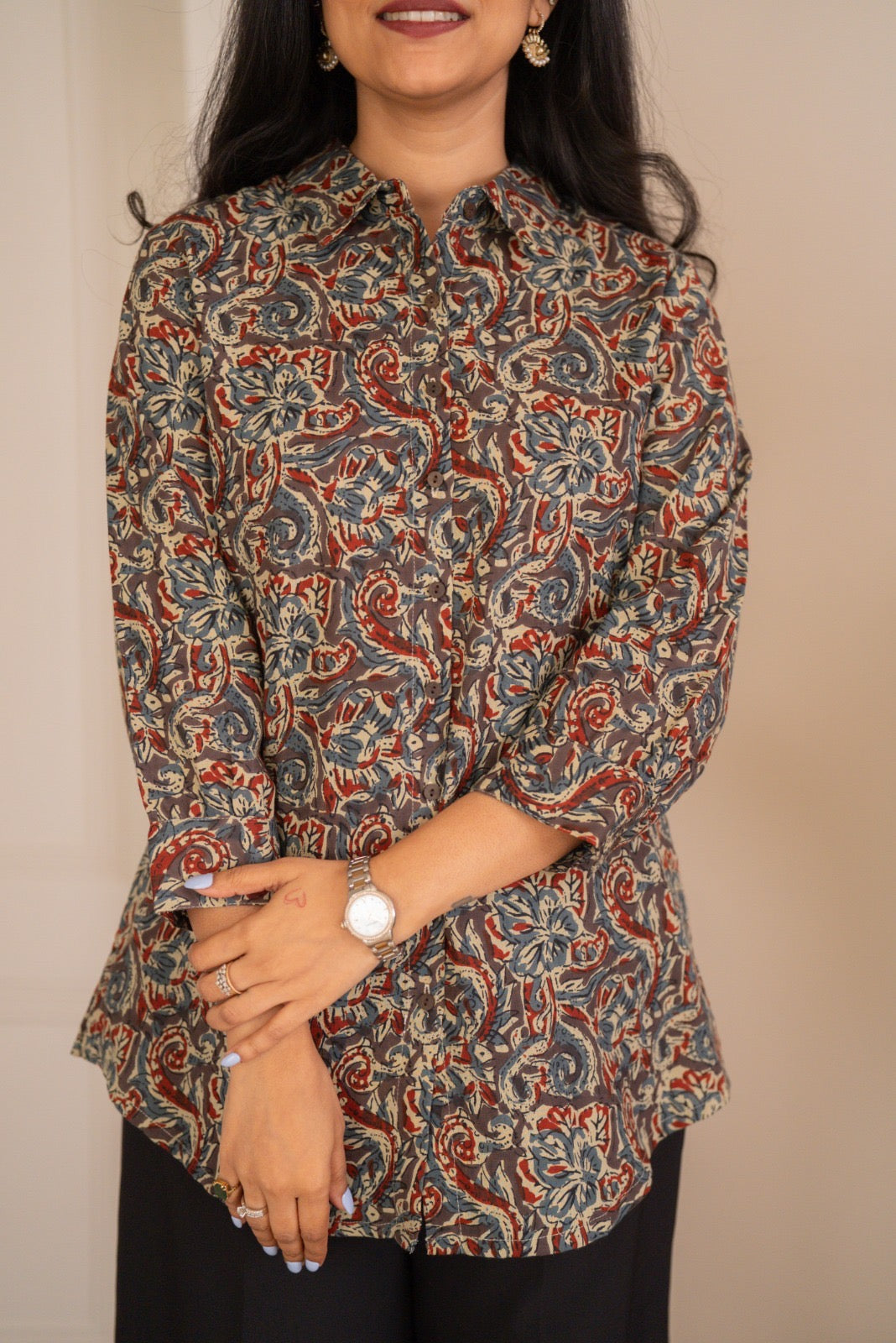Zora Slub Cotton Shirt- Grey Ajrakh