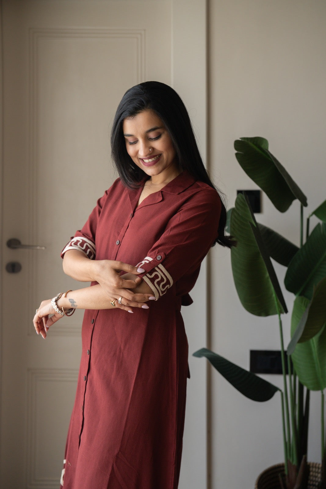 Zavya A-line Embroidered Dress- Brick