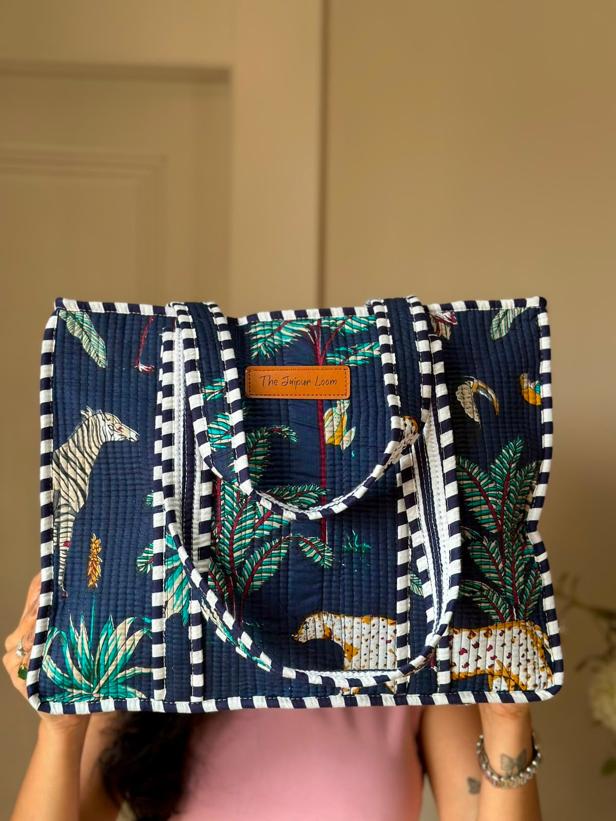 Quilted Tote Bag- Blue Jungle