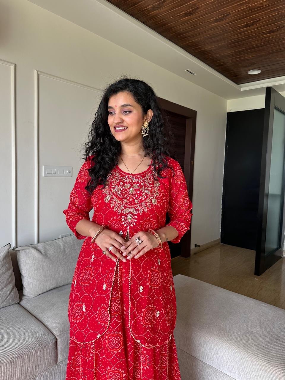Shyama Red Bandhej Georgette Skirt Set
