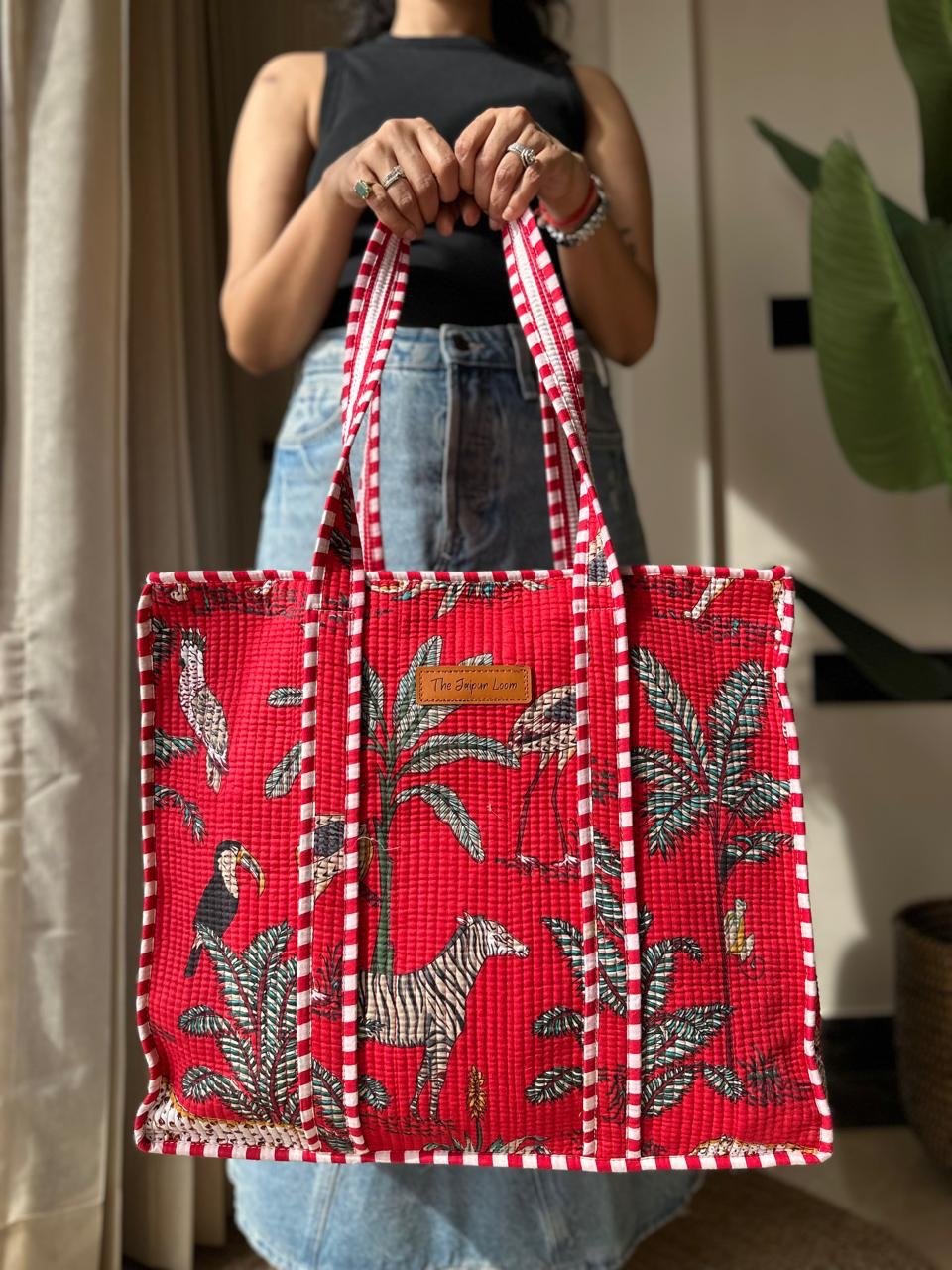 Quilted Tote Bag- Red Jungle