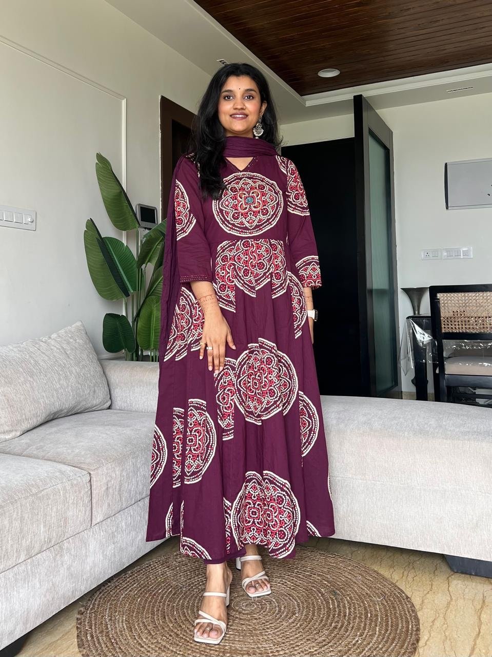 Raga Crushed Dupatta Anarkali Set- Wine