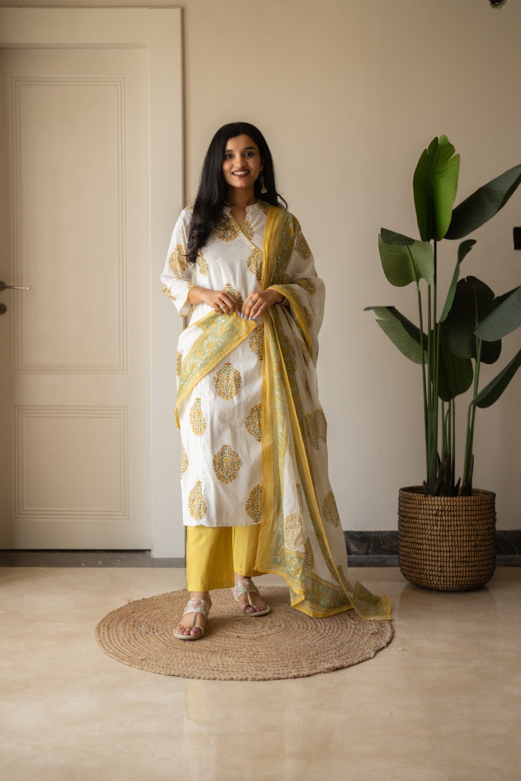 Ruh Angrakha White Boota Set- Yellow