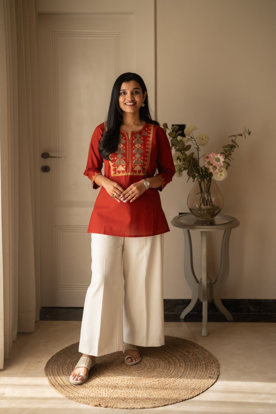 Lizi Embroidered Short Kurti- Rust