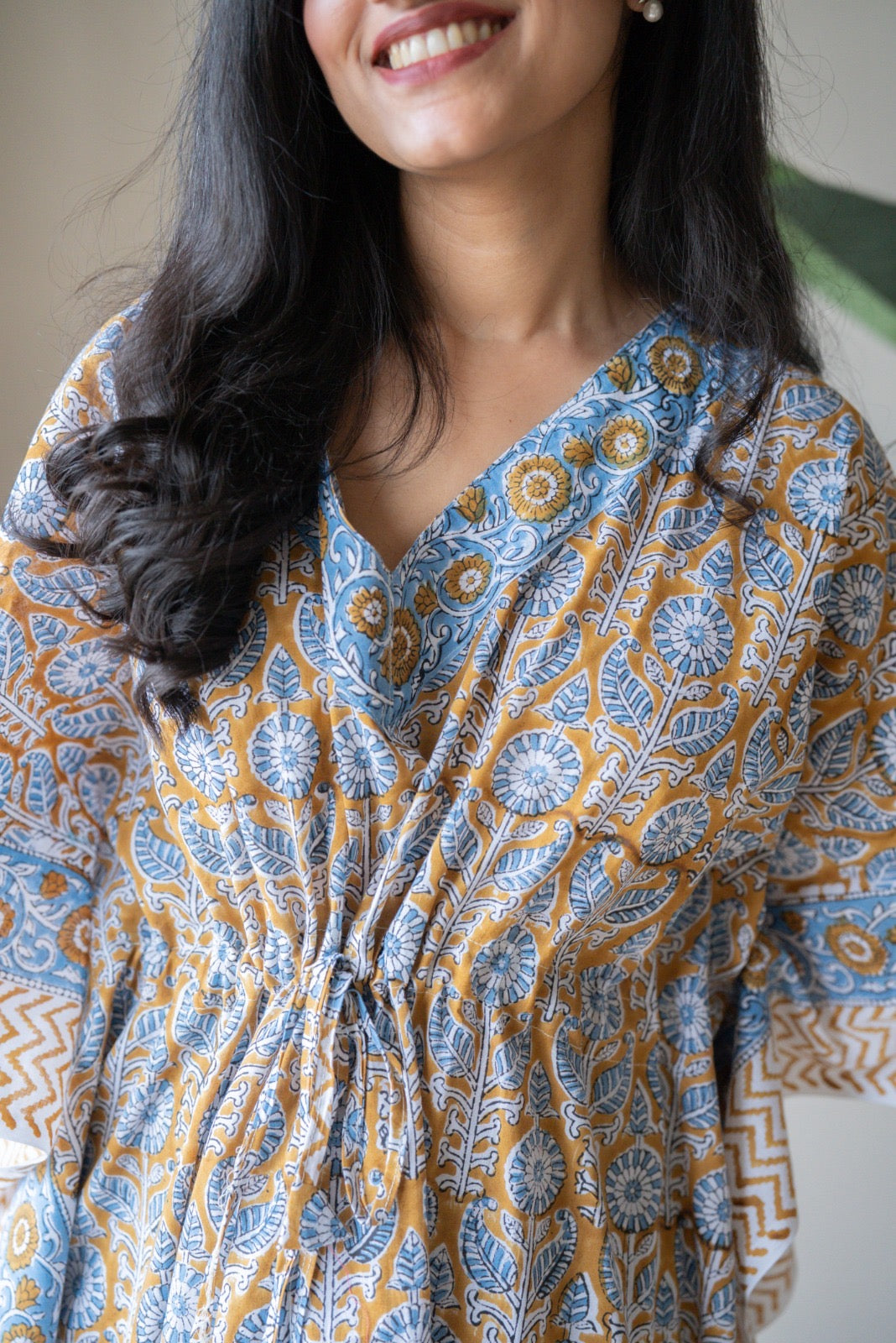 Kashi Block Print Kaftan- Brown Blue Booti
