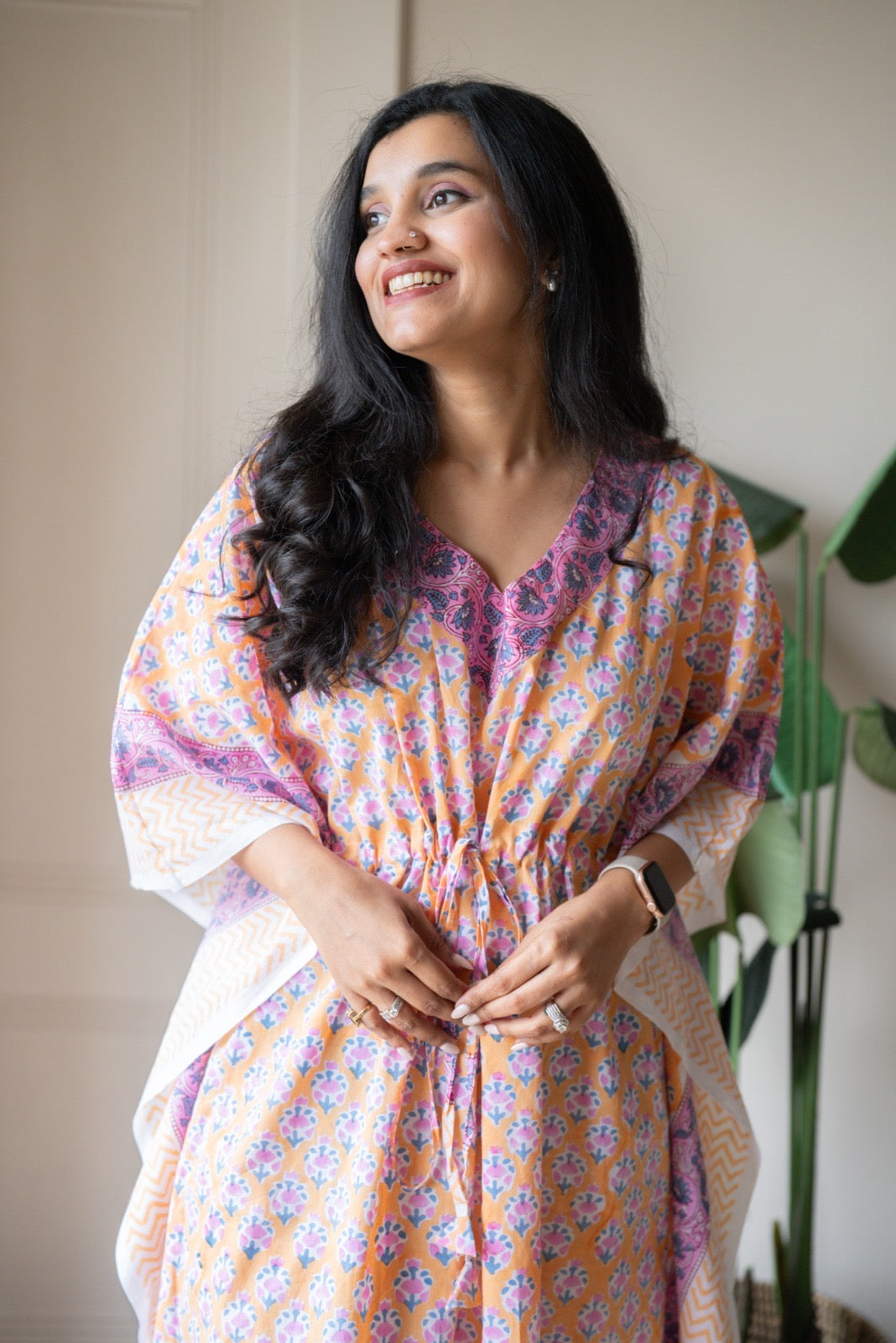 Kashi Block Print Kaftan- Peach Booti