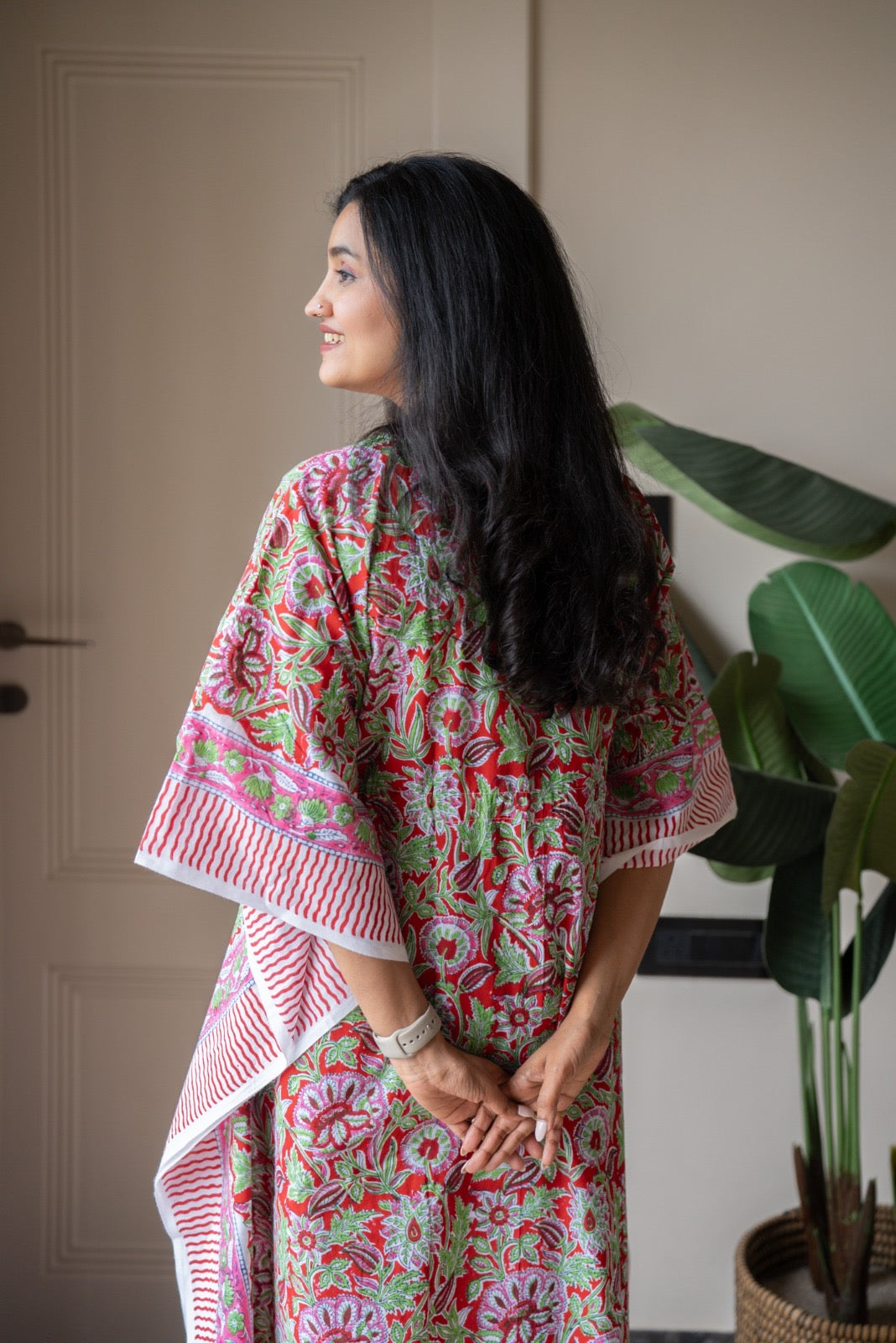 Kashi Block Print Kaftan- Bright Red Jaal