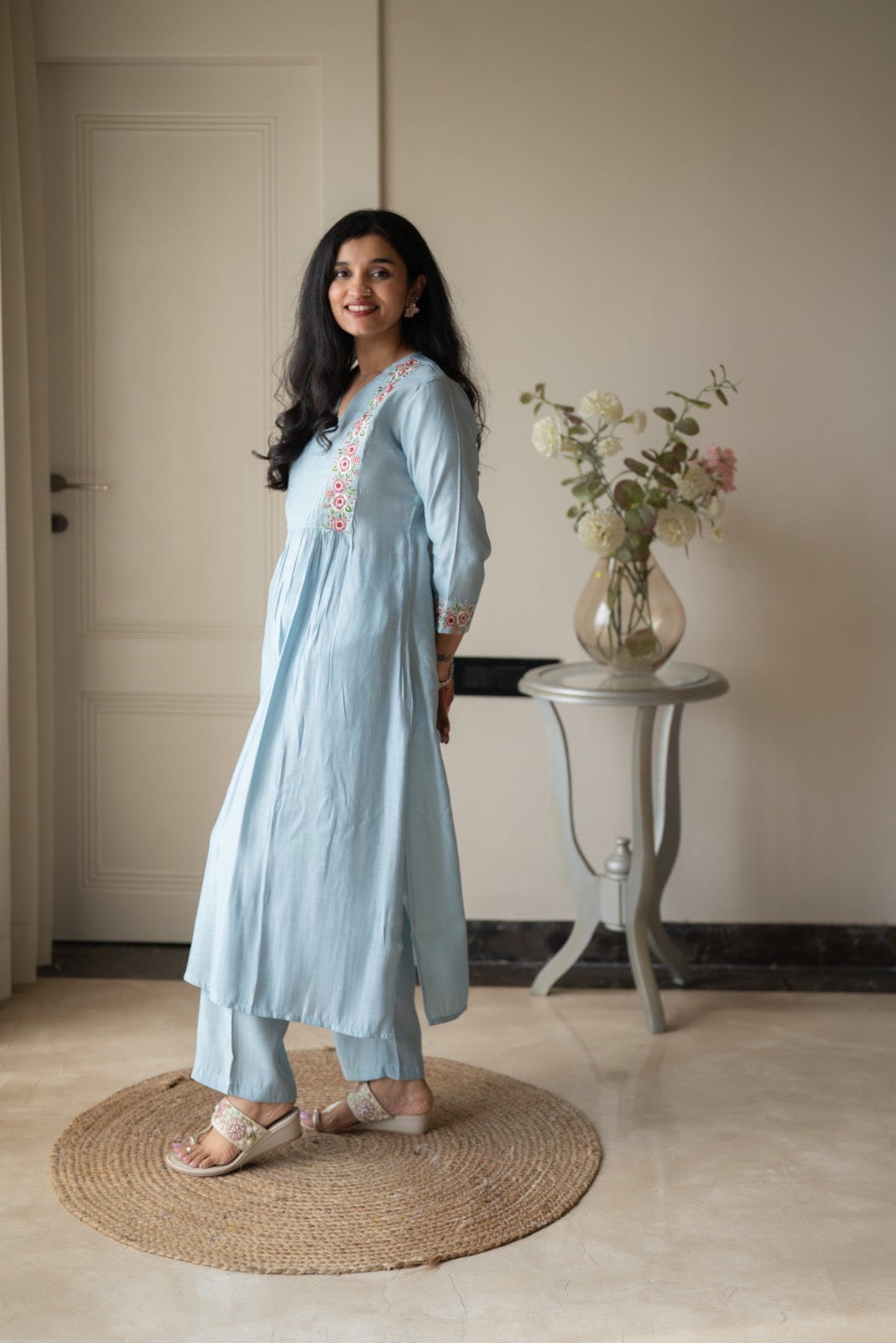 Amber Muslin Embroidered Pant Set- Pastel Blue