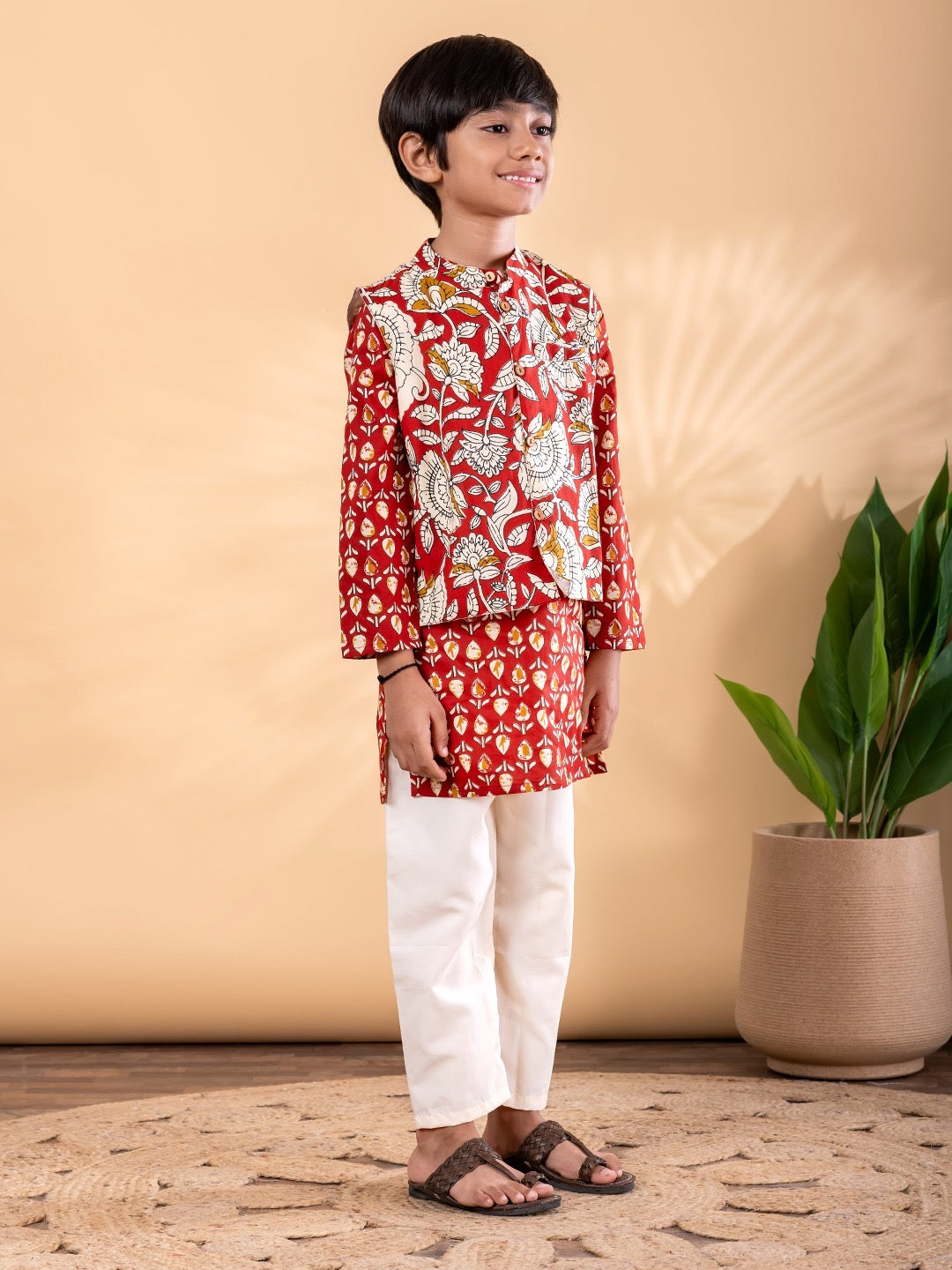 Red Kalam Boys’ Jacket Set