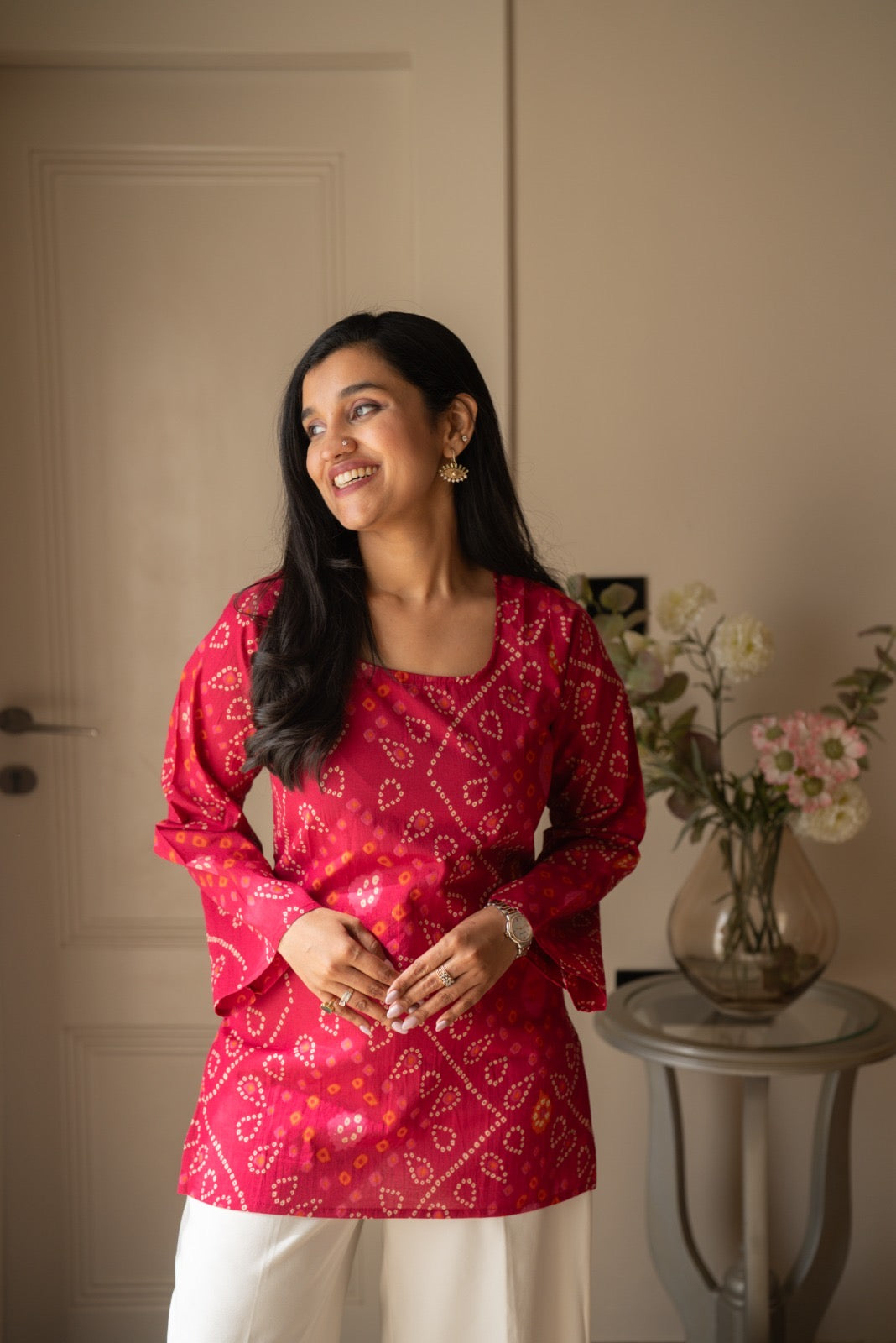 Griya Cotton Short Kurti- Pink Bandhej