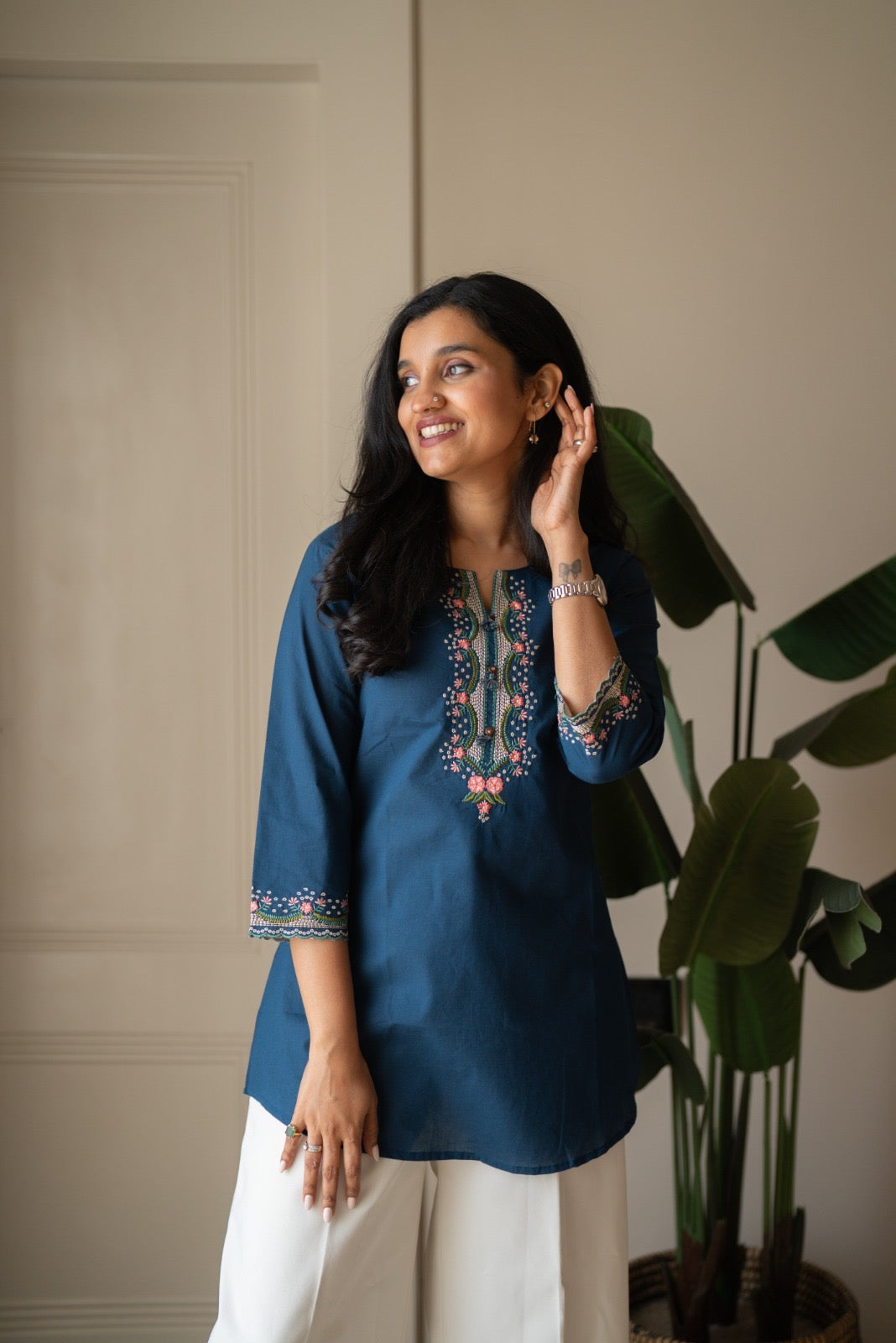 Roma Embroidered Cotton Top- Blue