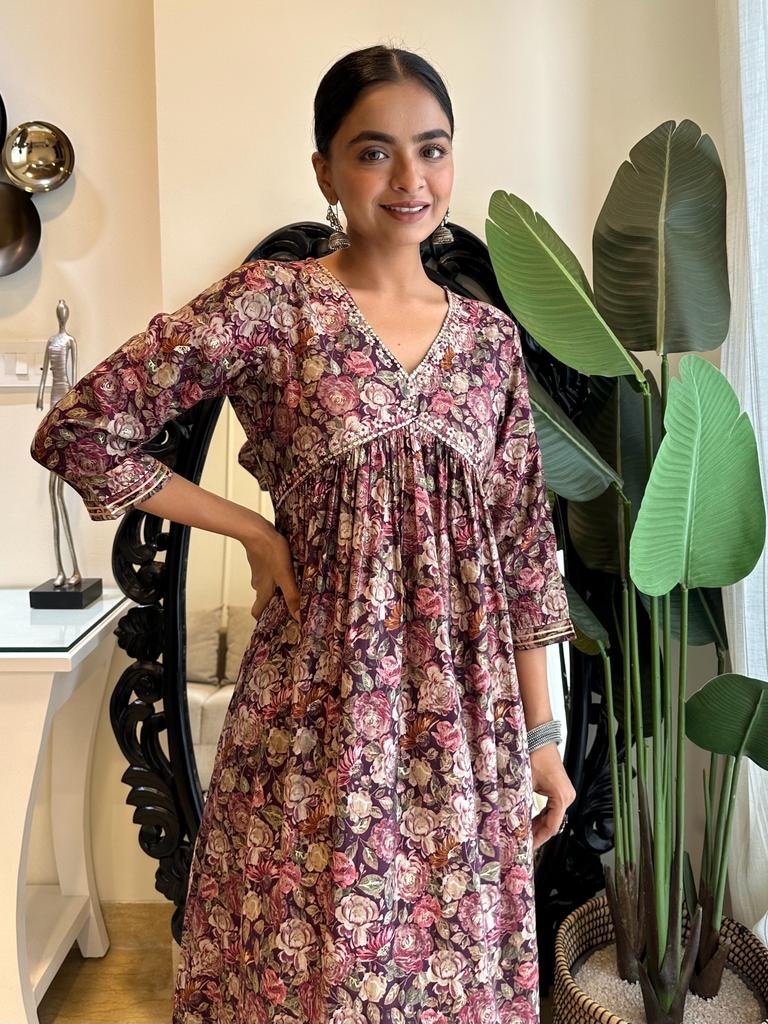Wine Muslin Floral Alia Set