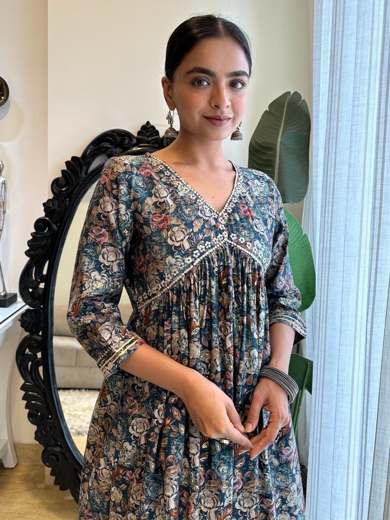 Navy Floral Muslin Alia Set