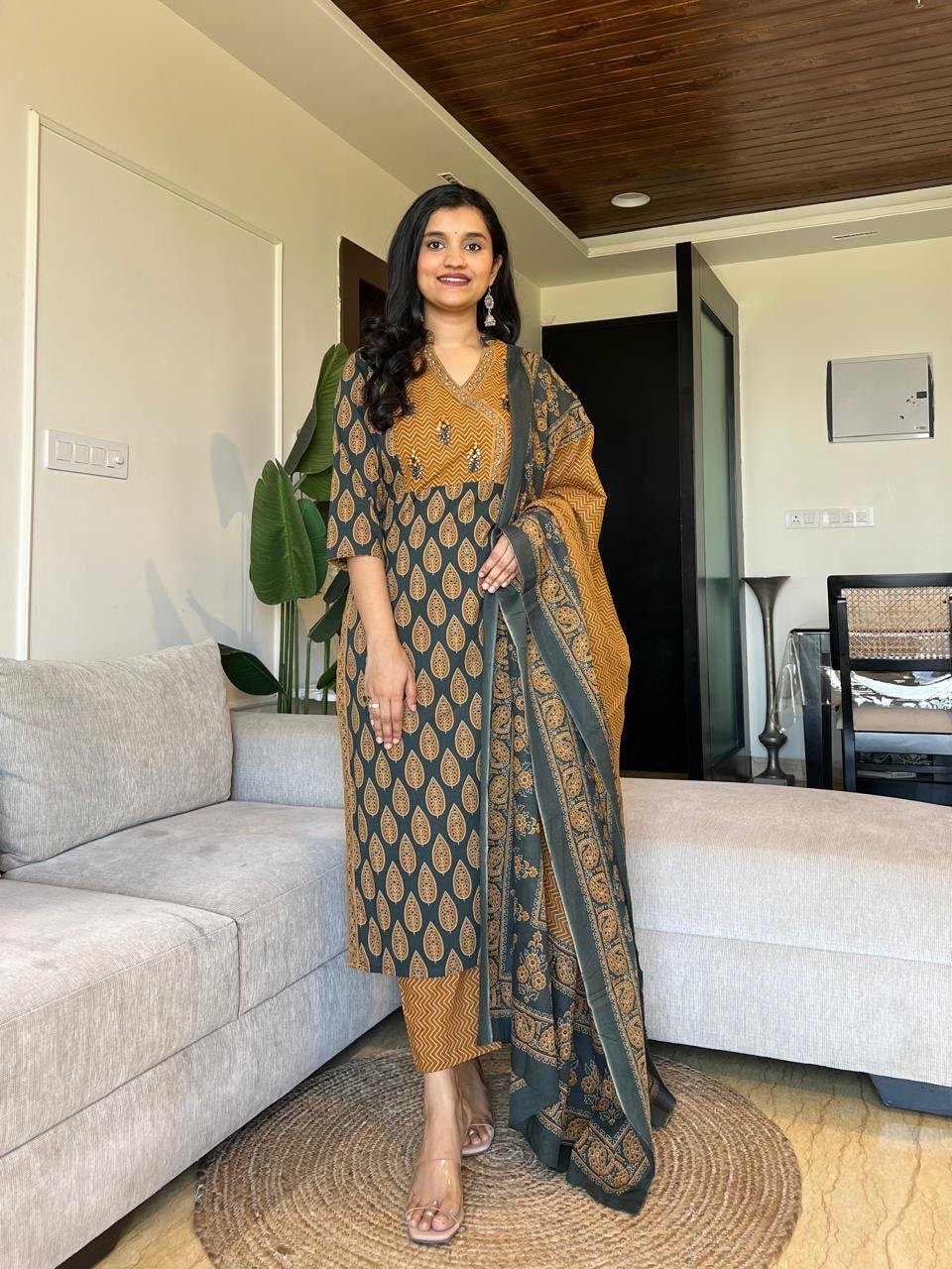 Nisha Ajrakh Angrakha Cotton Set- Mustard Green