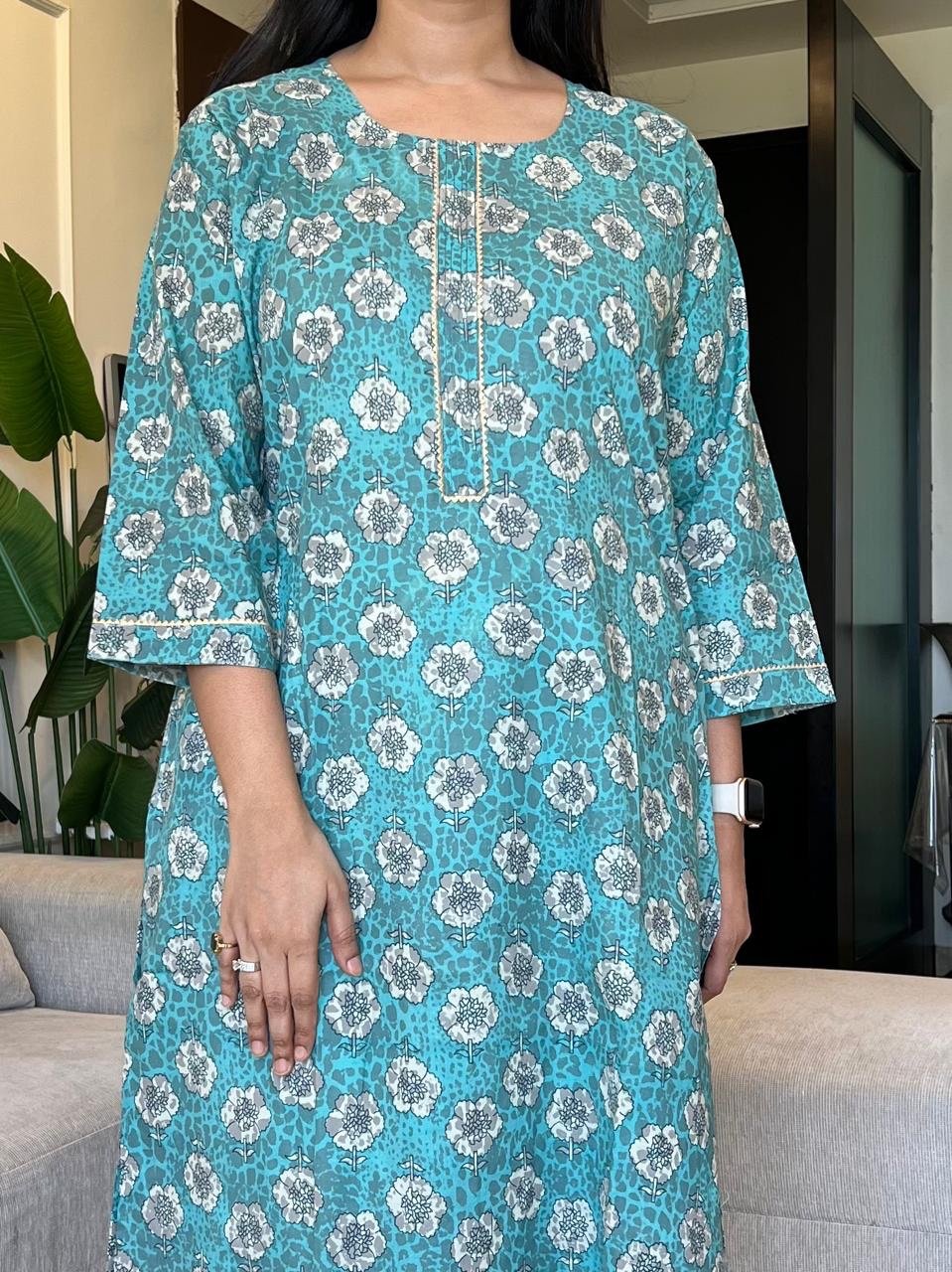 Gota Cotton Kurta- Blue phool