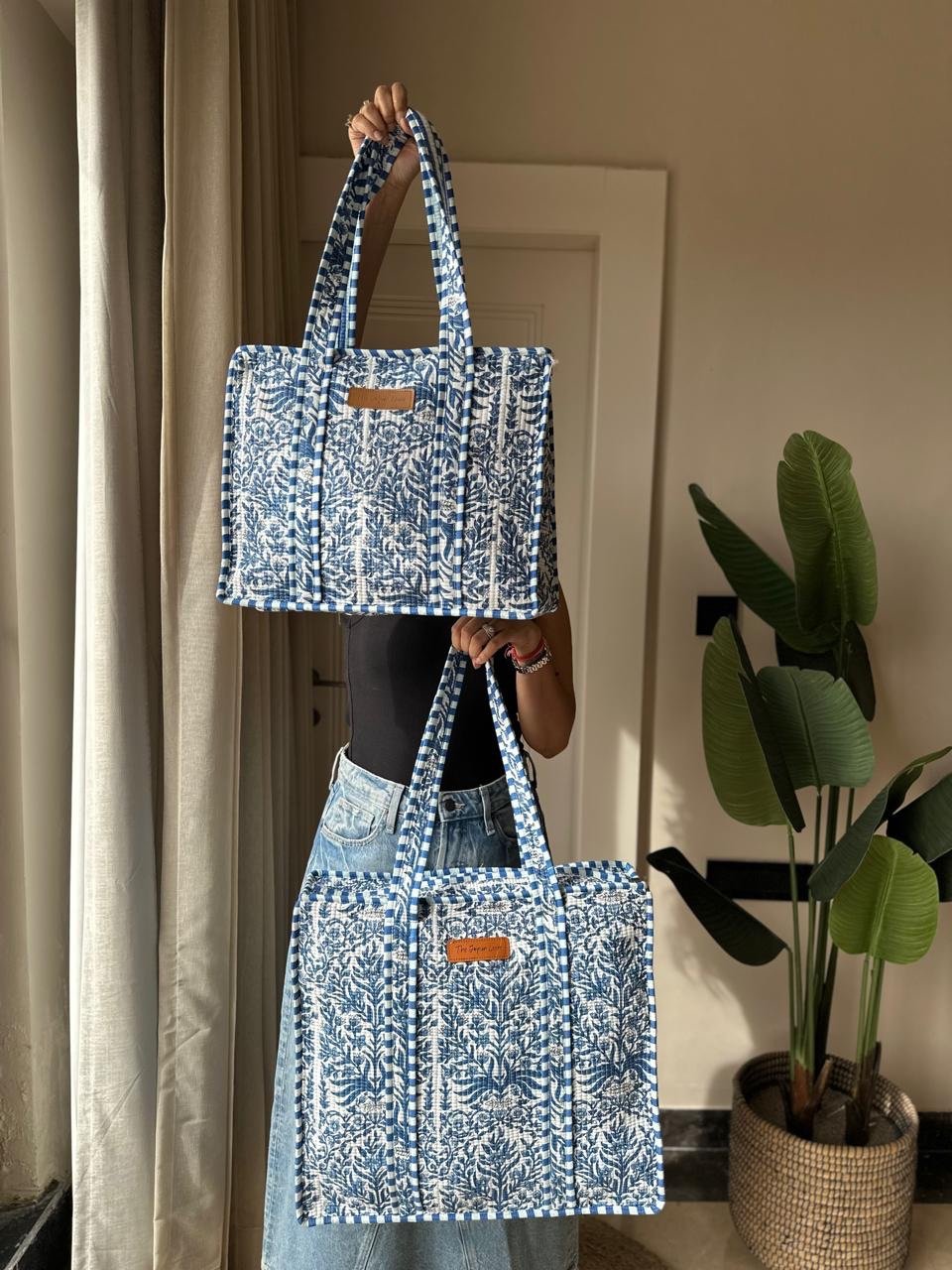 Quilted Tote Bag- Indigo Jaal