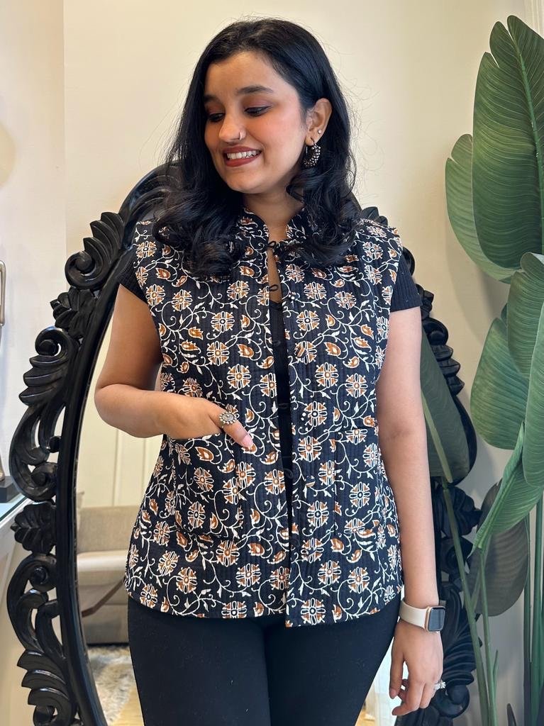 Reversible Quilted Sleeveless Jacket- Black Floral Jaal