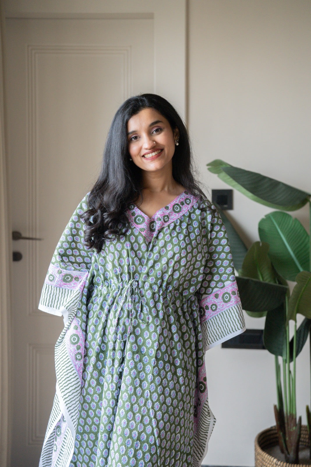 Kashi Block Print Kaftan- Dark Green Booti