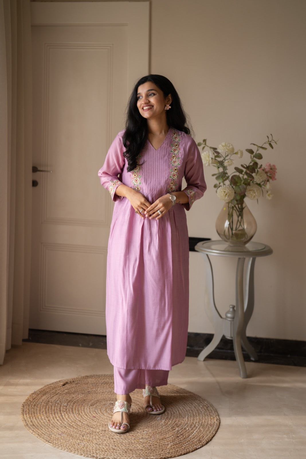 Amber Muslin Embroidered Pant Set- Pastel Pink