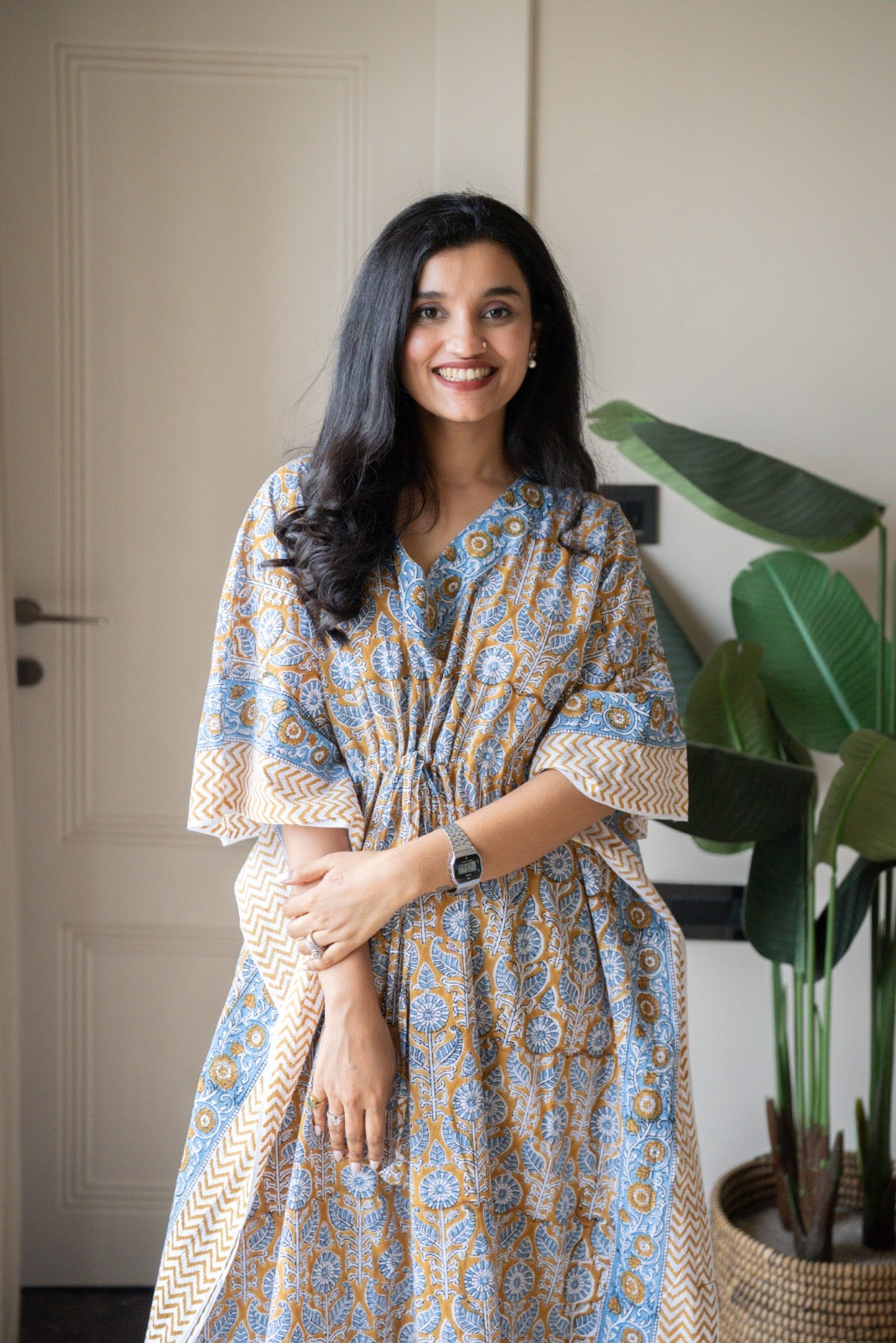 Kashi Block Print Kaftan- Brown Blue Booti