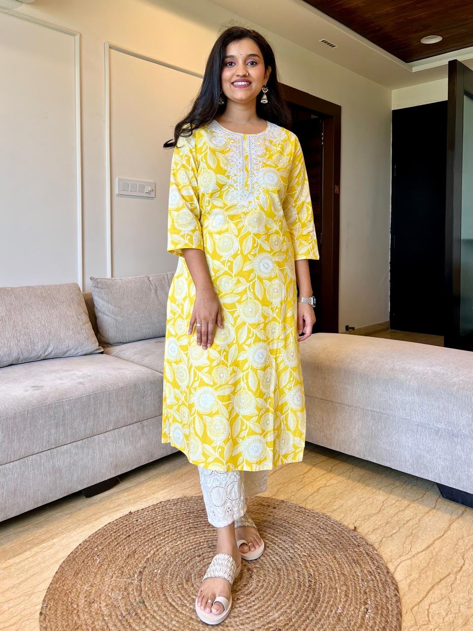 Mahima Threadwork Cotton Kurtas - Yellow